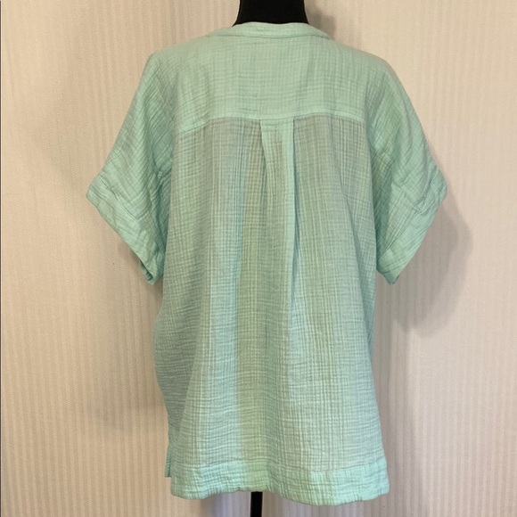 L.L. Bean Top Tunic Gauzy Cotton Relaxed Fit Mandarin Collar Pastel Green 1X - Picture 4 of 6